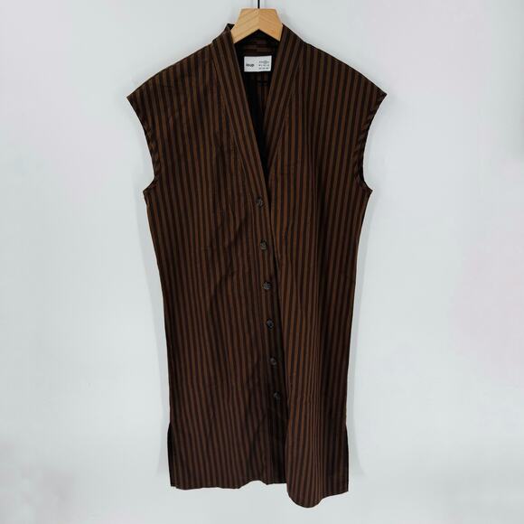Loup XS Brown Black Striped Button Front Cotton Midi Shift Dress Slow Fashion - Picture 7 of 7
